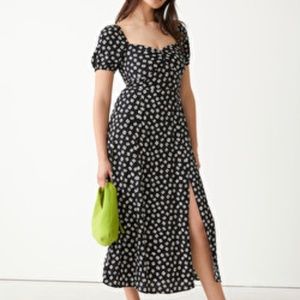 & Other Stories Flowy Puff Sleeve Midi Dress - Black Squares, Size 0